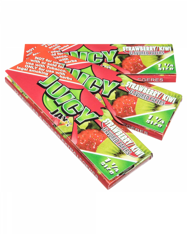 A slightly angled close-up of Juicy Jay's Classic Size Flavored Rolling Papers packaging, showing colorful branding and text details.