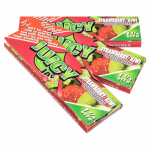 A slightly angled close-up of Juicy Jay's Classic Size Flavored Rolling Papers packaging, showing colorful branding and text details.
