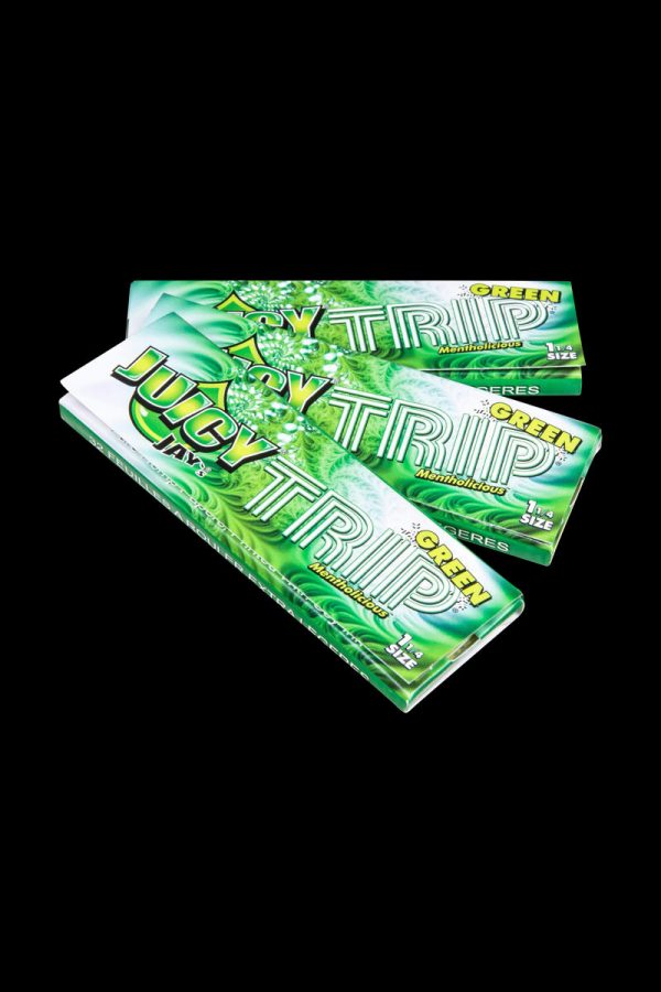 A stack of Juicy Jay's Classic Size Flavored Rolling Papers is shown in a close-up, angled shot with colorful designs.