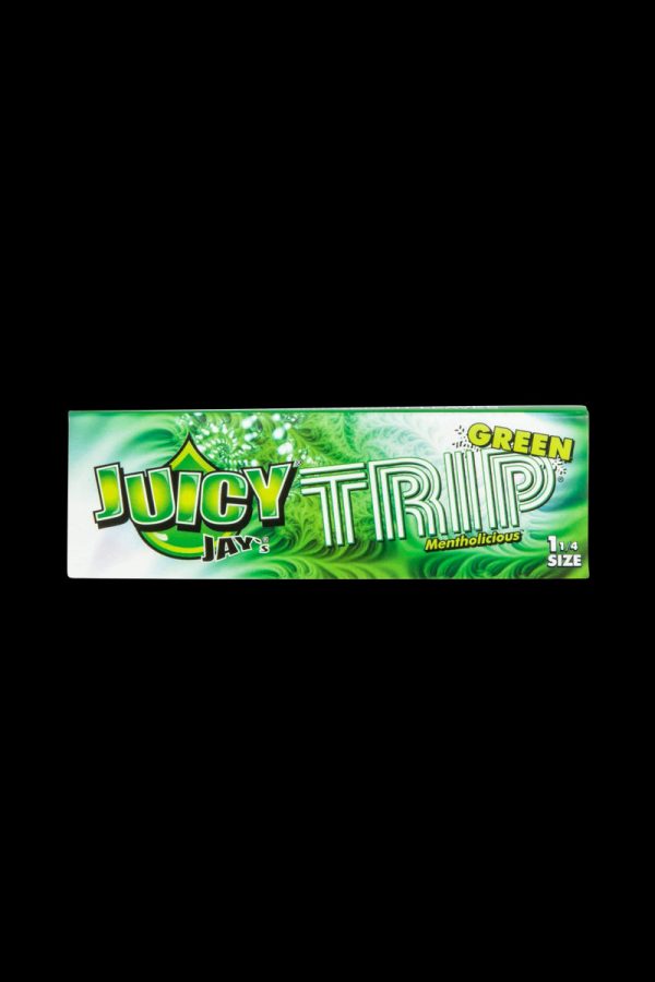 A close-up of the colorful packaging for Juicy Jay's Classic Size Flavored Rolling Papers, angled slightly to the left.