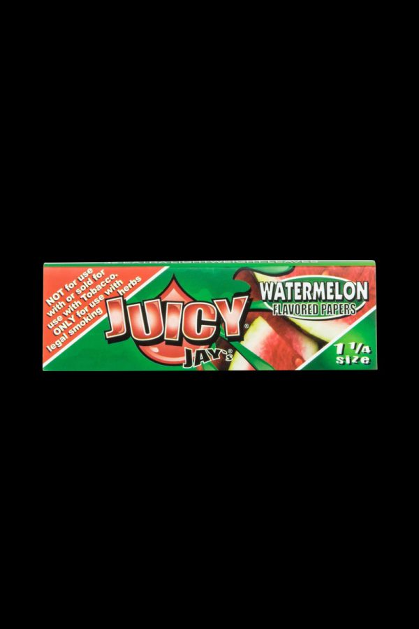 A close-up, angled view of the packaging for Juicy Jay's Classic Size Flavored Rolling Papers, displaying colorful text and branding.
