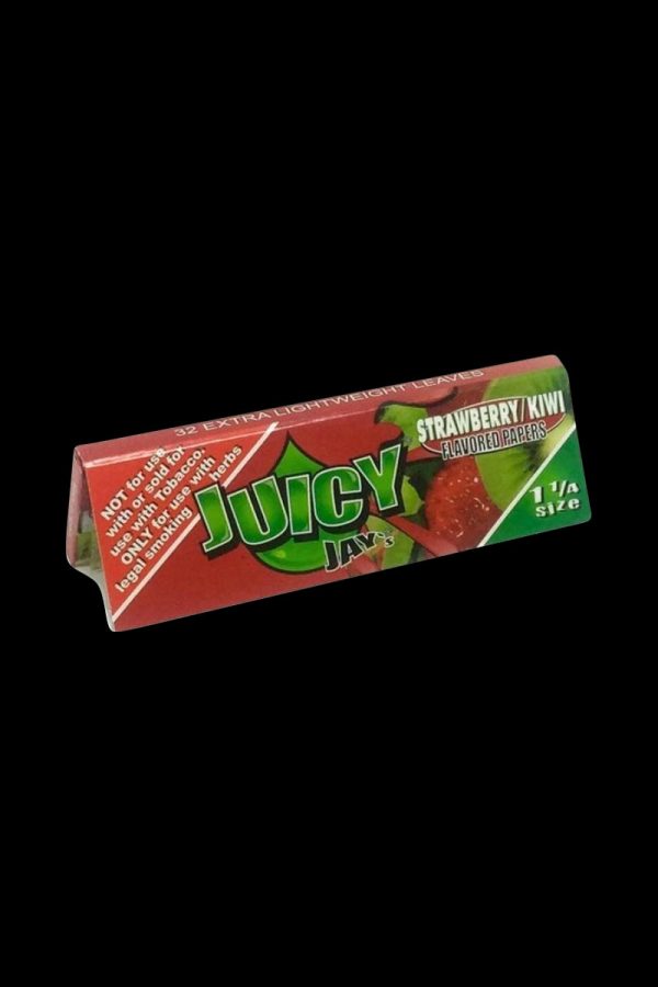 A close-up of the Juicy Jay's Strawberry and Kiwi Rolling Papers package, displaying vibrant fruit graphics on a black background.