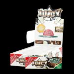 Front view of Juicy Jay's 1 1/4 Coconut Rolling Papers packaging, displaying vibrant tropical branding and a close-up view of the papers inside.