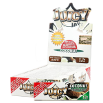 A close-up of Juicy Jay's 1 1/4 Coconut Rolling Papers packaging with a colorful, tropical design.