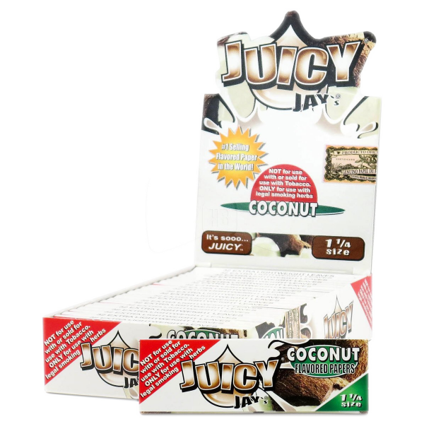 A close-up of Juicy Jay's 1 1/4 Coconut Rolling Papers packaging with a colorful, tropical design.