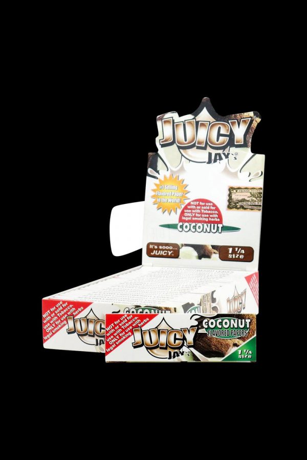 Front view of Juicy Jay's 1 1/4 Coconut Rolling Papers packaging, displaying vibrant tropical branding and a close-up view of the papers inside.