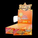 Front view of the Juicy Jay's 1 1/4 Orange Rolling Papers package with colorful branding against a dark backdrop.