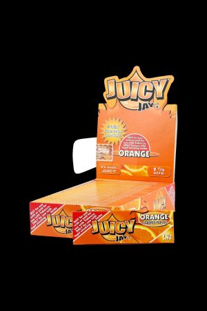 Front view of the Juicy Jay's 1 1/4 Orange Rolling Papers package with colorful branding against a dark backdrop.
