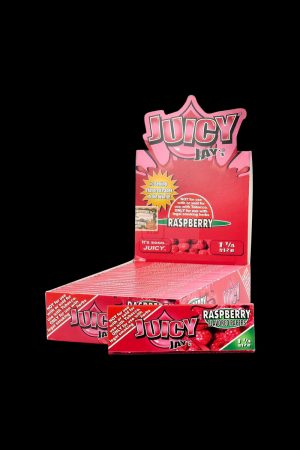 Close-up of Juicy Jay's 1 1/4 Raspberry Rolling Papers package, showcasing the vibrant branding and colorful design.