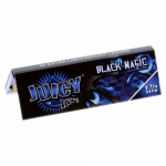 A close-up shot of the pack of Juicy Jay's 1 1/4 Black Magic Rolling Papers, displaying vibrant, magical-themed artwork.
