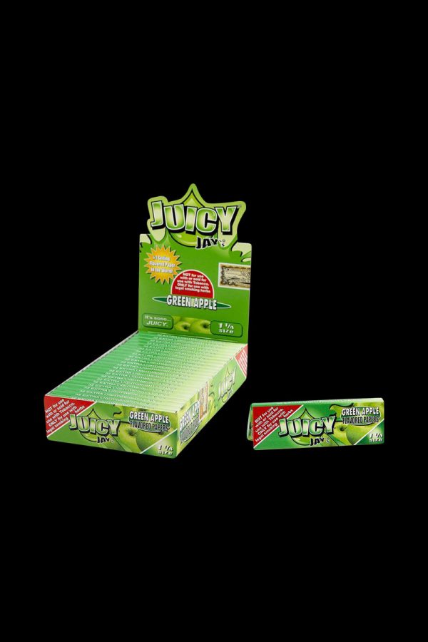 A close-up of the packaging for Juicy Jay's Green Apple Rolling Papers, displaying a bright, colorful design with the brand logo.