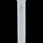 Frosted glass bubbler with engraved logo, reflecting on a black surface.