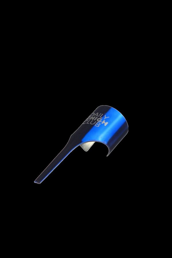 Metallic blue one-hitter pipe with "Daily High Club" text against a black background.