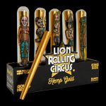 Box of pre-rolled “Lion Rolling Circus” hemp cones with a gold filter tip, displayed against a black background.