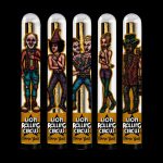 Five colorful, illustrated cannabis pipe designs featuring circus-themed characters, each labeled “Lion Rolling Circus Hemp Gold.”