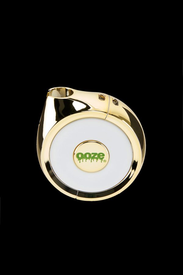 Gold cannabis vaporizer pen with “ooze” logo.