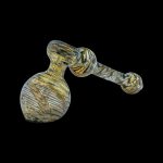 A glass bubbler pipe with a swirled gold and brown pattern, isolated on a black background.