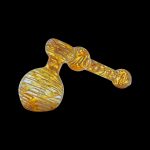 Golden glass bubbler pipe for cannabis use.
