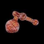 Hand-blown glass cannabis oil rig with orange and brown swirls.
