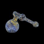 Hand-blown glass pipe with swirling yellow and blue patterns.