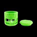 Neon green silicone cannabis concentrate container with a textured, geometric design and removable lid.
