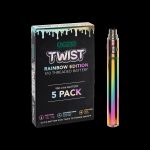 A package of five Ooze Twist Rainbow Edition 900mAh 510 threaded vape batteries with colorful oil visible inside.