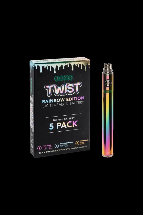 A package of five Ooze Twist Rainbow Edition 900mAh 510 threaded vape batteries with colorful oil visible inside.