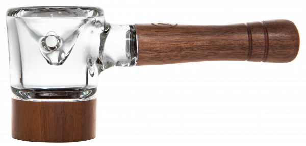 A side view of the Marley Natural Black Walnut Spoon Pipe, showcasing its smooth wooden handle and clear glass bowl.
