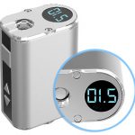 Close-up of the Eleaf iStick Mini 10W Digital Mod Battery, displaying a clear digital readout on its metallic surface.