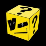 Yellow cube covered in black question marks, likely representing a mystery box or cannabis accessory selection.