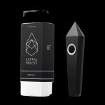 Black and white packaging for “Astral Project” obsidian gemstone pipe with a geometric design and the pipe itself, isolated on a black background.