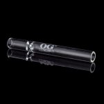 Two clear glass chillum pipes with branded text, isolated on a black background.