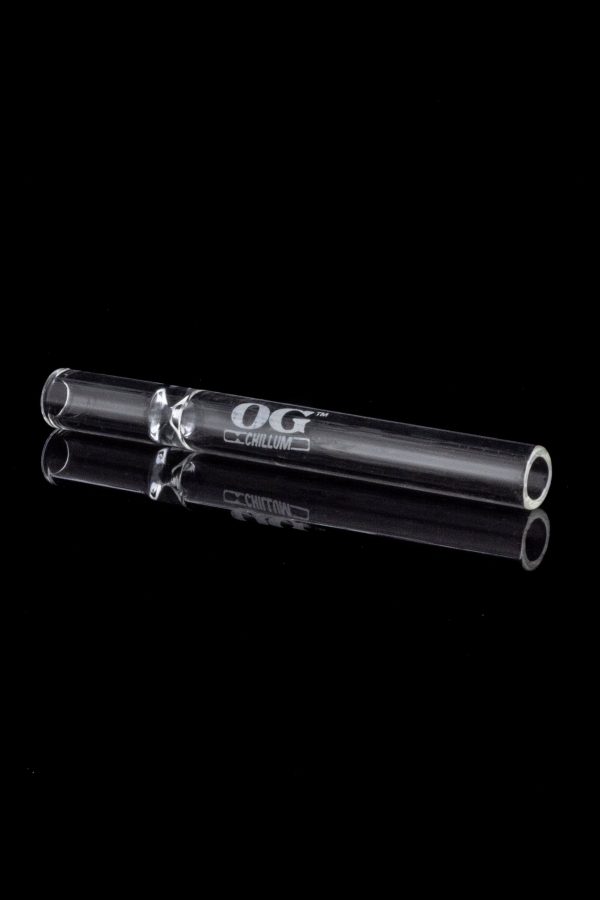 Two clear glass chillum pipes with branded text, isolated on a black background.