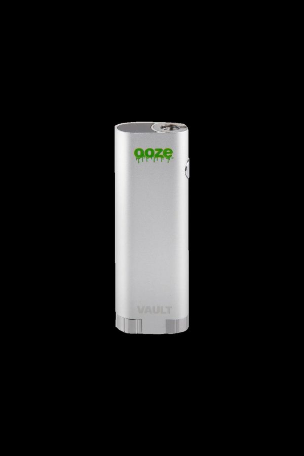 Silver cannabis vape pen with green “ooze” logo.