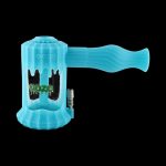 A studio shot of the Clobb 4 in 1 Silicone Pipe, displaying its blue, curved design against a black background.