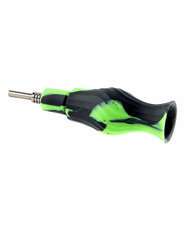 A close-up, angled view of the Clobb 4 in 1 Silicone Pipe, showcasing its dark and light green color scheme.