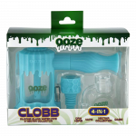 Front view of the Clobb 4 in 1 Silicone Pipe in a clear plastic case, showcasing its rounded design and branded packaging.