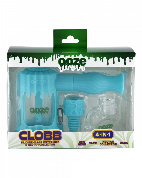 Front view of the Clobb 4 in 1 Silicone Pipe in a clear plastic case, showcasing its rounded design and branded packaging.