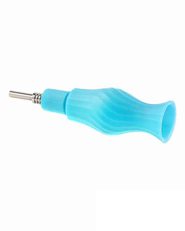 A close-up, angled view of the Clobb 4 in 1 Silicone Pipe in blue, highlighting its textured, curved design.