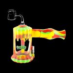 A close-up, angled view of the Clobb 4 in 1 Silicone Pipe, displaying its colorful, flexible construction and unique bowl design.