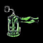 A studio shot of the Clobb 4 in 1 Silicone Pipe, featuring a green, textured design against a dark background.