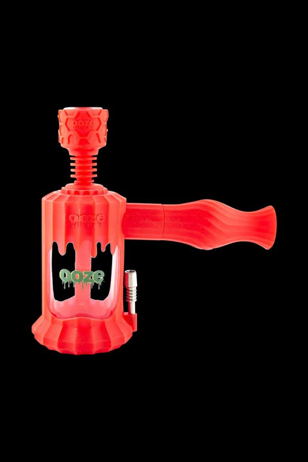 A close-up shows the red Clobb 4 in 1 Silicone Pipe with visible textured details and a minimalist design against a black background.