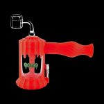 A front view of the Clobb 4 in 1 Silicone Pipe, showcasing the red, multi-functional design with a curved mouthpiece.