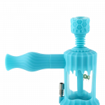 A close-up, angled view of the Clobb 4 in 1 Silicone Pipe, showcasing its unique textured design and vibrant blue color.