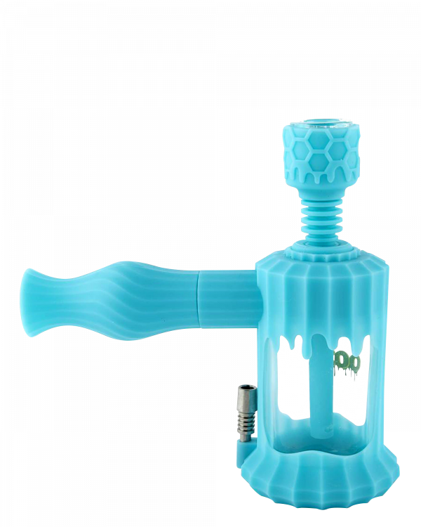 A close-up, angled view of the Clobb 4 in 1 Silicone Pipe, showcasing its unique textured design and vibrant blue color.