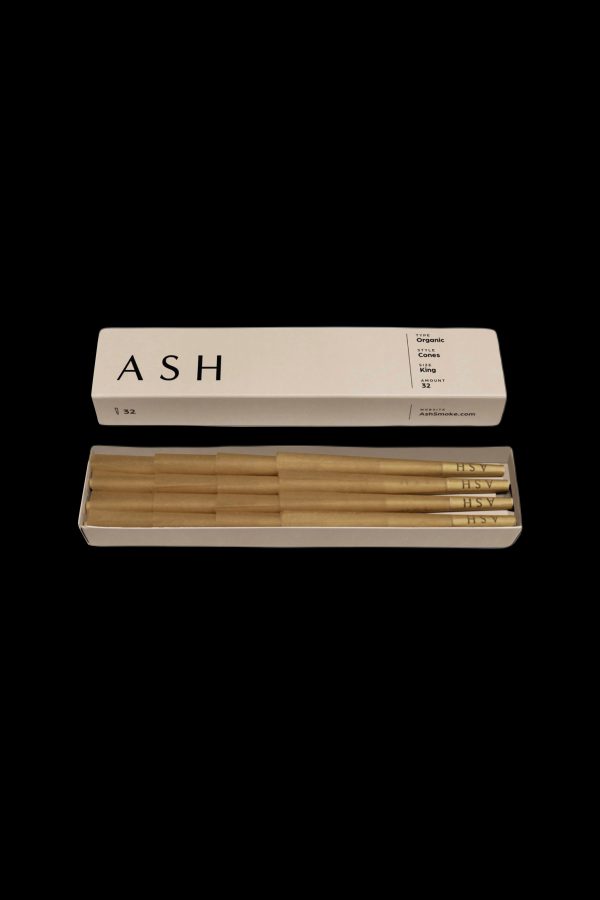 Pack of organic rolling cones branded “ASH” with a minimalist design.