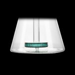 Clear glass cannabis water pipe with a green mouthpiece.