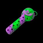 A vibrant green and purple silicone pipe with a honeycomb texture and a sculpted bee on top.