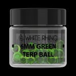 A jar of green cannabis terp balls labeled "White Rhino 6mm Terp Ball."