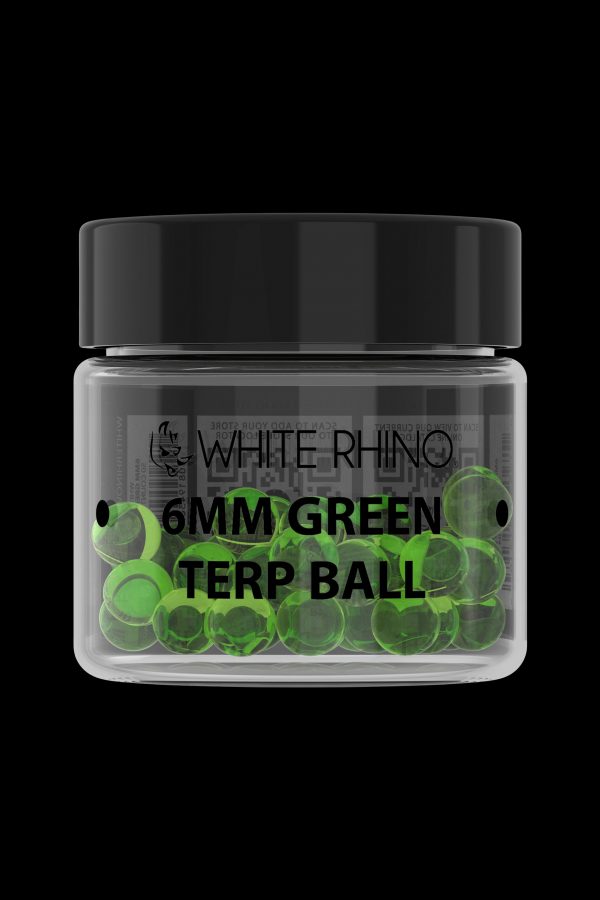 A jar of green cannabis terp balls labeled "White Rhino 6mm Terp Ball."